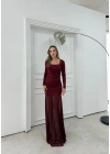 KARE YAKA ETEK TÜL DETAY UZUN ELBİSE BORDO