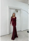 KARE YAKA ETEK TÜL DETAY UZUN ELBİSE BORDO