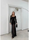 KARE YAKA ETEK TÜL DETAY UZUN ELBİSE SİYAH