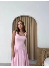 KARE YAKA UZUN SANDY ELBİSE PEMBE