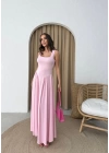 KARE YAKA UZUN SANDY ELBİSE PEMBE