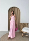 KARE YAKA UZUN SANDY ELBİSE PEMBE