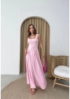 KARE YAKA UZUN SANDY ELBİSE PEMBE
