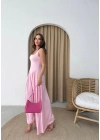 KARE YAKA UZUN SANDY ELBİSE PEMBE
