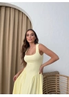 KARE YAKA UZUN SANDY ELBİSE SARI