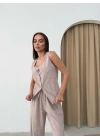 KARE YAKA YELEK VE PANTOLONLU KETEN İKİLİ TAKIM KREM