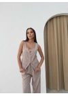 KARE YAKA YELEK VE PANTOLONLU KETEN İKİLİ TAKIM KREM