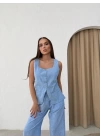 KARE YAKA YELEK VE PANTOLONLU KETEN İKİLİ TAKIM MAVİ