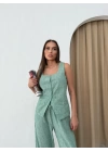 KARE YAKA YELEK VE PANTOLONLU KETEN İKİLİ TAKIM YEŞİL