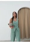 KARE YAKA YELEK VE PANTOLONLU KETEN İKİLİ TAKIM YEŞİL