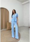 KARPUZ KOL BAGLAMA DETAY BLUZ VE PANTOLONLU İKİLİ TAKIM MAVİ