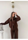 KAYIK YAKA ÇİFT FERMUARLI HIRKA VE PANTOLONLU TRİKO İKİLİ TAKIM KAHVE