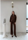 KAYIK YAKA ÇİFT FERMUARLI HIRKA VE PANTOLONLU TRİKO İKİLİ TAKIM KAHVE
