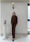 KAYIK YAKA ÇİFT FERMUARLI HIRKA VE PANTOLONLU TRİKO İKİLİ TAKIM KAHVE
