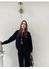 KAYIK YAKA ÇİFT FERMUARLI HIRKA VE PANTOLONLU TRİKO İKİLİ TAKIM SİYAH