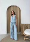 KENDİNDEN DESENLİ YELEK VE PANTOLONLU İKİLİ TAKIM MAVİ