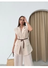KETEN BELİ KEMERLİ ASTARLI YELEK VE PANTOLONLU İKİLİ TAKIM KREM