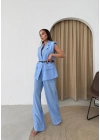 KETEN BELİ KEMERLİ ASTARLI YELEK VE PANTOLONLU İKİLİ TAKIM MAVİ