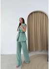 KETEN BELİ KEMERLİ ASTARLI YELEK VE PANTOLONLU İKİLİ TAKIM YEŞİL