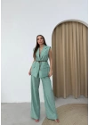 KETEN BELİ KEMERLİ ASTARLI YELEK VE PANTOLONLU İKİLİ TAKIM YEŞİL
