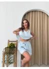 KETEN BLUZ VE ŞORTLU İKİLİ TAKIM MAVİ