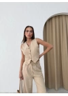 KETEN YELEK VE PANTOLONLU İKİLİ TAKIM BEJ