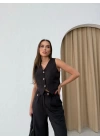 KETEN YELEK VE PANTOLONLU İKİLİ TAKIM SİYAH