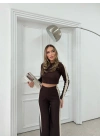 KOL GARNE DETAY BLUZ VE PANTOLONLU TRİKO İKİLİ TAKIM KAHVE