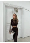 KOL GARNE DETAY BLUZ VE PANTOLONLU TRİKO İKİLİ TAKIM KAHVE