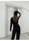 KOL GARNE DETAY BLUZ VE PANTOLONLU TRİKO İKİLİ TAKIM SİYAH