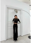 KOL GARNE DETAY BLUZ VE PANTOLONLU TRİKO İKİLİ TAKIM SİYAH
