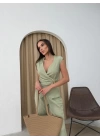 KRUVAZE YAKA AKSESUAR DETAY BLUZ VE PANTOLONLU GOFRE İKİLİ TAKIM AÇIK YEŞİL