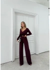 KRUVAZE YAKA BAGLAMA DETAY BLUZ VE PANTOLONLU MODAL İKİLİ TAKIM BORDO