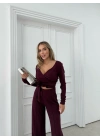 KRUVAZE YAKA BAGLAMA DETAY BLUZ VE PANTOLONLU MODAL İKİLİ TAKIM BORDO