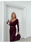 KRUVAZE YAKA BAGLAMA DETAY BLUZ VE PANTOLONLU MODAL İKİLİ TAKIM BORDO