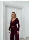 KRUVAZE YAKA BAGLAMA DETAY BLUZ VE PANTOLONLU MODAL İKİLİ TAKIM BORDO