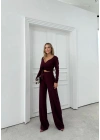 KRUVAZE YAKA BAGLAMA DETAY BLUZ VE PANTOLONLU MODAL İKİLİ TAKIM BORDO