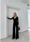 KRUVAZE YAKA BAGLAMA DETAY BLUZ VE PANTOLONLU MODAL İKİLİ TAKIM SİYAH