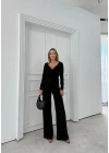 KRUVAZE YAKA BAGLAMA DETAY BLUZ VE PANTOLONLU MODAL İKİLİ TAKIM SİYAH