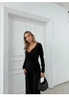 KRUVAZE YAKA BAGLAMA DETAY BLUZ VE PANTOLONLU MODAL İKİLİ TAKIM SİYAH