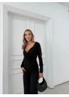 KRUVAZE YAKA BAGLAMA DETAY BLUZ VE PANTOLONLU MODAL İKİLİ TAKIM SİYAH
