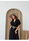 KRUVAZE YAKA HASIR KEMER DETAY UZUN ELBİSE SİYAH