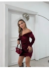 KRUVAZE YAKA KADİFE ELBİSE BORDO