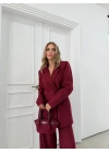 KRUVAZE YAKA YAN BAĞLAMA DETAY BLAZER CEKET VE PANTOLONLU İKİLİ TAKIM BORDO