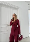 KRUVAZE YAKA YAN BAĞLAMA DETAY BLAZER CEKET VE PANTOLONLU İKİLİ TAKIM BORDO