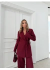 KRUVAZE YAKA YAN BAĞLAMA DETAY BLAZER CEKET VE PANTOLONLU İKİLİ TAKIM BORDO