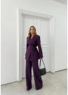 KRUVAZE YAKA YAN BAĞLAMA DETAY BLAZER CEKET VE PANTOLONLU İKİLİ TAKIM MOR