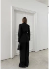 KRUVAZE YAKA YAN BAĞLAMA DETAY BLAZER CEKET VE PANTOLONLU İKİLİ TAKIM SİYAH