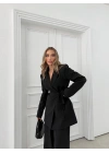 KRUVAZE YAKA YAN BAĞLAMA DETAY BLAZER CEKET VE PANTOLONLU İKİLİ TAKIM SİYAH