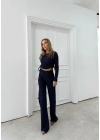 BÜZGÜLÜ BLUZ VE PANTOLONLU GOFRE İKİLİ TAKIM LACİVERT